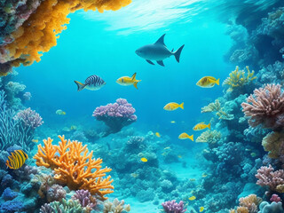 Naklejka na ściany i meble coral reef with fish, under water sean