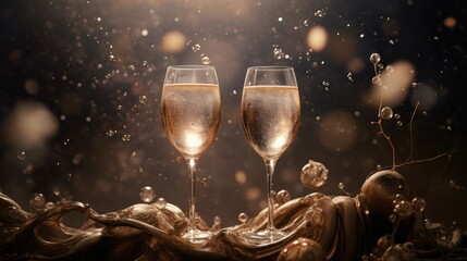  two glasses of champagne are sitting on a cloth with bubbles.  generative ai