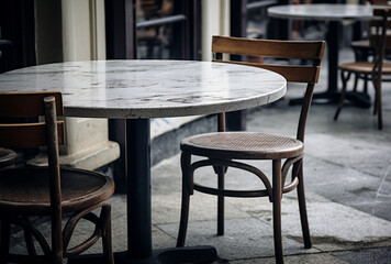 Tables and chairs in a street cafe. AI generated Images