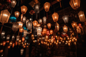 Lots of illuminated lanterns hanging from above generative ai