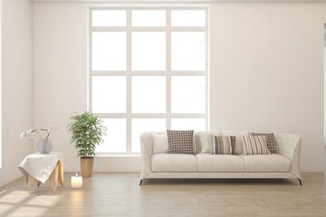 White living room with sofa. Scandinavian interior design. 3D illustration
