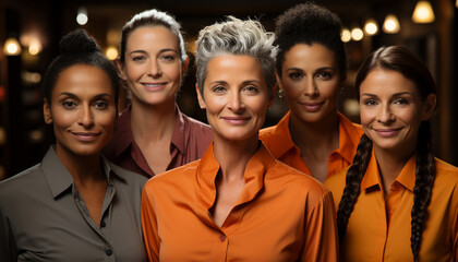 Obraz premium Group of five diverse women showcasing their beauty and confidence, with warm lighting accentuating their features