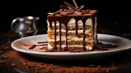  a piece of cake on a plate with chocolate drizzle.  generative ai