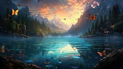  a painting of a mountain lake with lots of butterflies flying over it.  generative ai