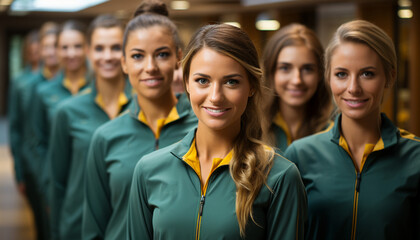 A confident young woman in a green and yellow sports jacket stands forefront, with a blurred line...