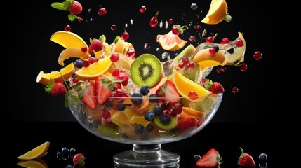  a fruit salad in a glass bowl on a black background.  generative ai