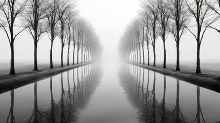 Fototapeta na wymiar a black and white photo of trees reflecting in a pond. generative ai