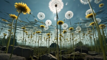  a bunch of dandelions are blowing in the wind.  generative ai