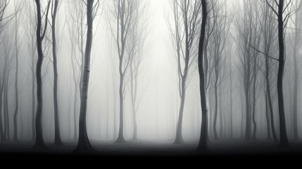  a black and white photo of trees in the foggy woods.  generative ai