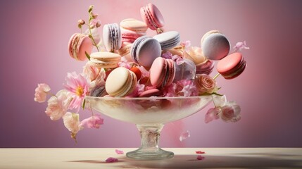  a bowl of macaroons and flowers on a table.  generative ai