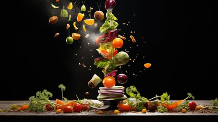  a pile of vegetables falling into the air with a black background.  generative ai