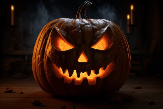 Scary Carved Halloween Pumpkin with Spooky Theme Generative Ai Illustration