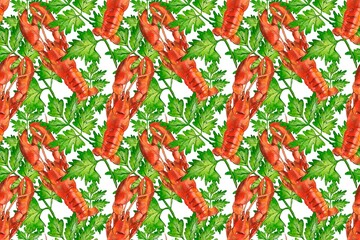 Seamless seafood pattern with lobster. Food background in sketch style. Hand drawn illustration for restaurant menu, wrapping paper, textile.