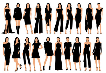 set of fashion woman stylish black outfits full silhouettes vector illustration - obrazy, fototapety, plakaty