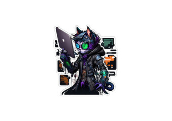 black and white cat , cyberpunk cat sticker