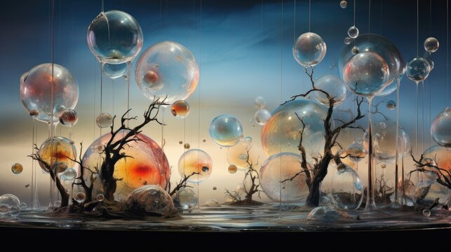  a painting of a bunch of bubbles floating in the air.  generative ai