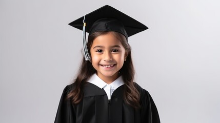 Little girl wearing graduate uniform in white background 