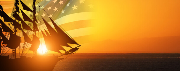 Silhouette of a yacht against the US flag background. American regatta. 3d illustration