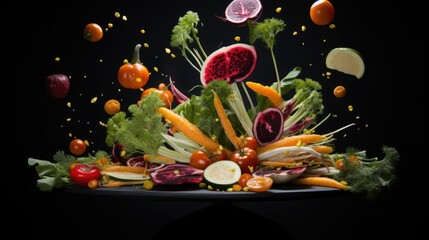  a bunch of vegetables are falling into the air with a black background.  generative ai