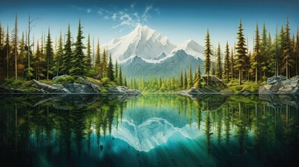  a painting of a mountain lake surrounded by trees and rocks.  generative ai - obrazy, fototapety, plakaty