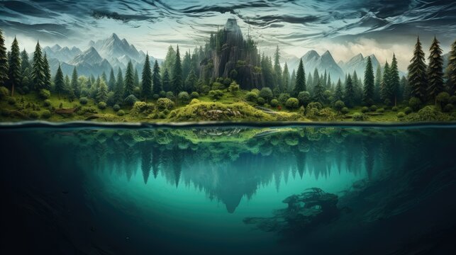  a painting of a lake with a castle in the middle of it.  generative ai