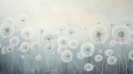  a painting of a field of dandelions with water droplets.  generative ai