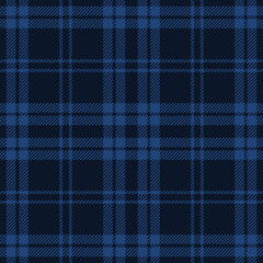 Dark navy blue tartan plaid pattern. Vector seamless check pattern for plaid fabric, flannel shirt, blanket, clothes, skirt, tablecloth, textile.