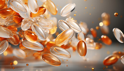 Dynamic capture of floating Omega-3 fish oil capsules, gleaming amidst shimmering droplets, against a muted gradient backdrop