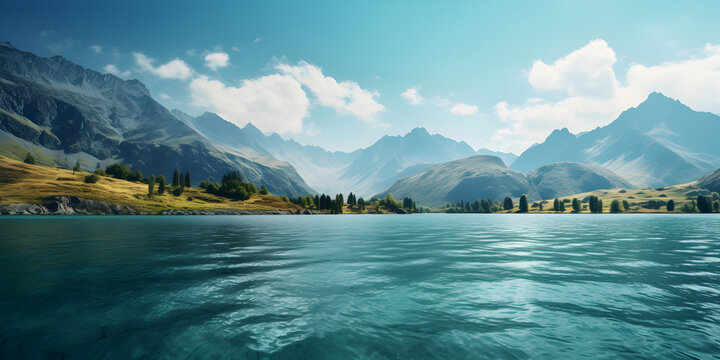 A lake with mountains and a lake with a mountain in the background,,
Majestic Mountain Overlooking the Lake Generative Ai