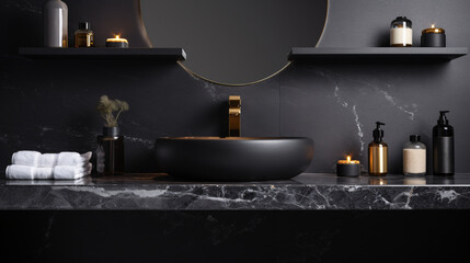 Black bathroom interior design, countertop washbasin with faucet on black marble counter in modern luxury minimal washroom.