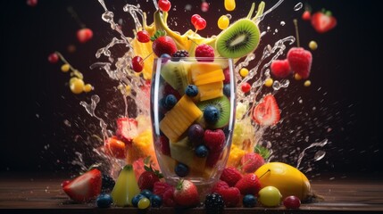  a glass filled with fruit and splashing water on top of it.  generative ai
