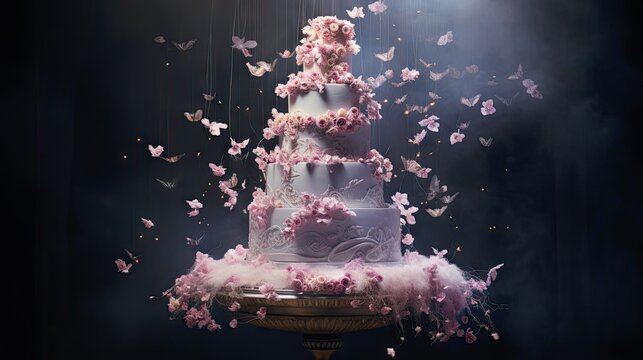  a three tiered wedding cake with pink flowers and butterflies.  generative ai