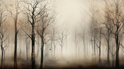 Fototapeta na wymiar a painting of trees in a foggy forest with a bird flying in the distance. generative ai