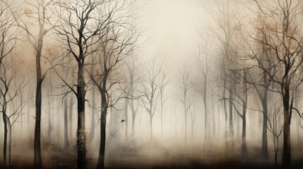 Fototapeta premium a painting of trees in a foggy forest with a bird flying in the distance. generative ai