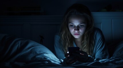 Life Apathy. Unmotivated Young Woman In Bed Staring At Smartphone Screen, Suffer From Sleep Desorder,  - obrazy, fototapety, plakaty