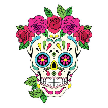 Mexican sugar skull isolated vector with flowers decoration for Day of the Dead on white background art 2