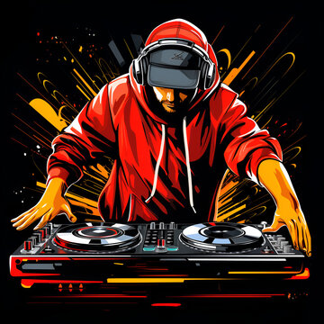 DJ Artistic Style Painting Drawing Vector Style Illustration DJ Station Cartoon Style 