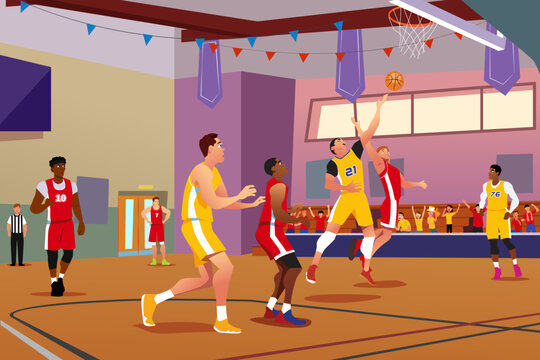 School Basketball Competition  Playing in a Gym Vector Illustration
