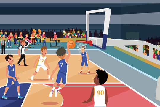 School Basketball Competition with Band Playing in a Gym Vector Illustration