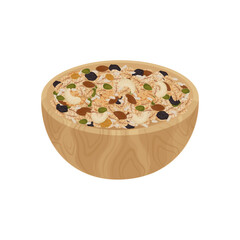 logo illustration of healthy granola grains in a wooden bowl