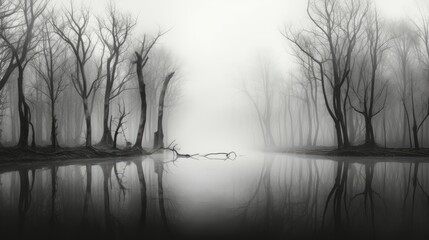  a black and white photo of a foggy lake and trees.  generative ai