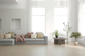 White living room with sofa. Scandinavian interior design. 3D illustration