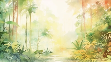 Fototapeta na wymiar watercolor image indian summer in the jungle rainforest in the tones of golden autumn and leaf fall