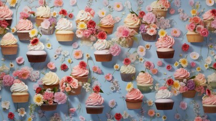  cupcakes and flowers on a blue background with pink and white frosting.  generative ai