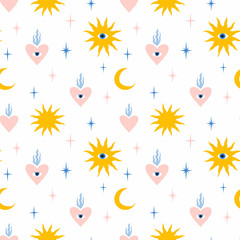 Beautiful abstract seamless pattern with sun heart popular design. Stock clipart print illustration.