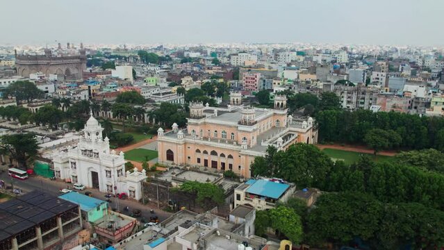 aerial drone view of Chowmahalla Palace in hyderabad, telangana with mecca masjid and charminar in the background