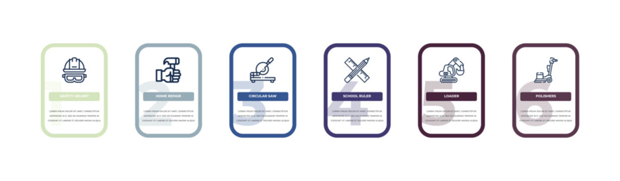 Safety Helmet, Home Repair, Circular Saw, School Ruler, Loader, Polishers Outline Icons. Editable Vector From Construction Tools Concept. Infographic Template.