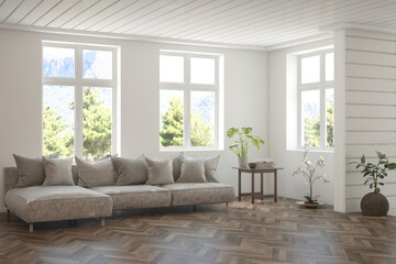 Bright interior design with modern furniture and summer landscape in window. 3D illustration