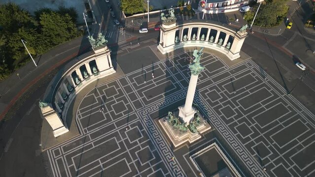 Birds Eye Aerial View of Heroes Square, Millennial Monument. Budapest, Hungary