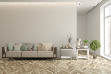 White living room with sofa. Scandinavian interior design. 3D illustration